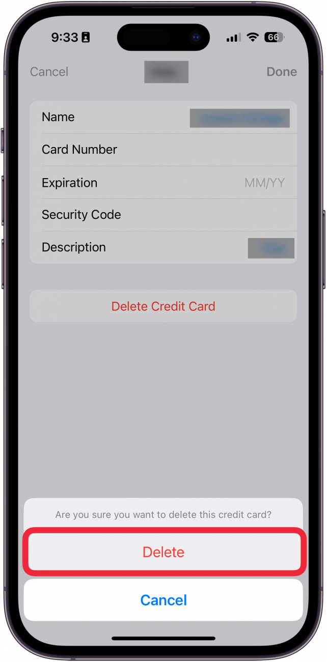 iphone autofill settings displaying card information with a red box around delete button