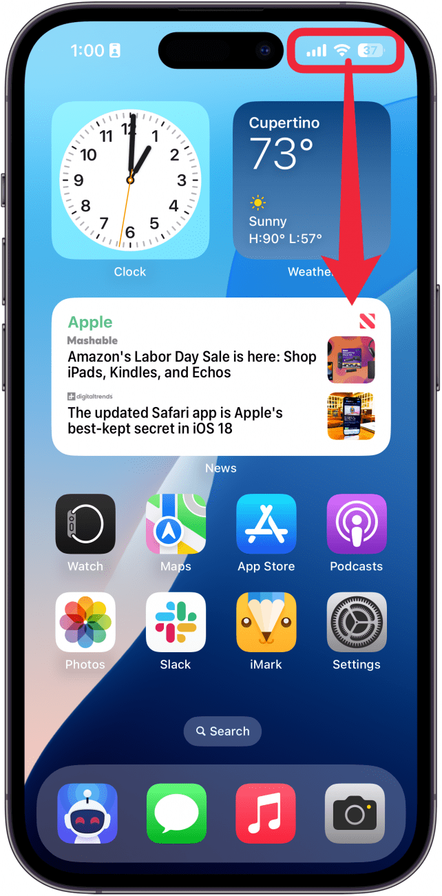 iphone home screen with a red box around the status bar and an arrow pointing down, indicating for the user to swipe down from the upper right corner of the screen