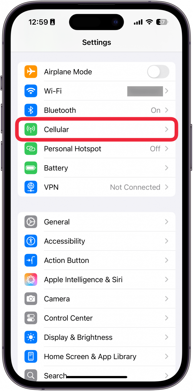 iphone settings app with a red box around cellular