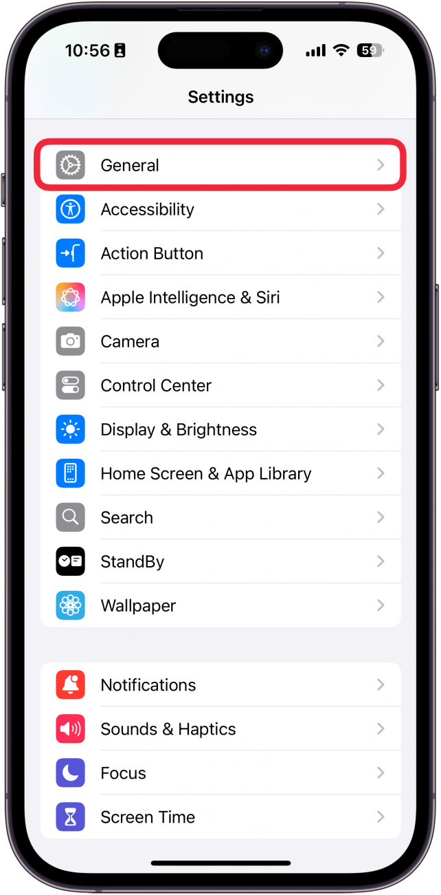 iphone settings with a red box around general