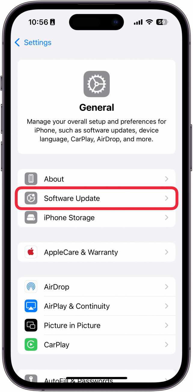 iphone general settings with a red box around software update