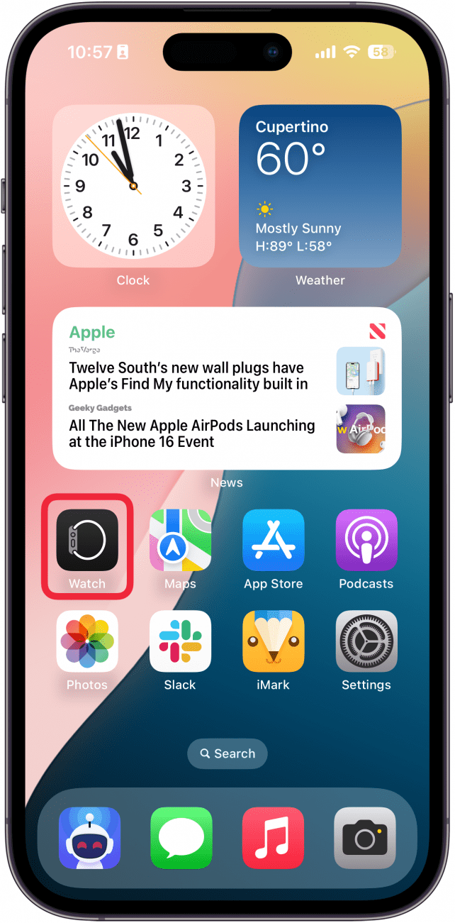 iphone home screen with a red box around watch app