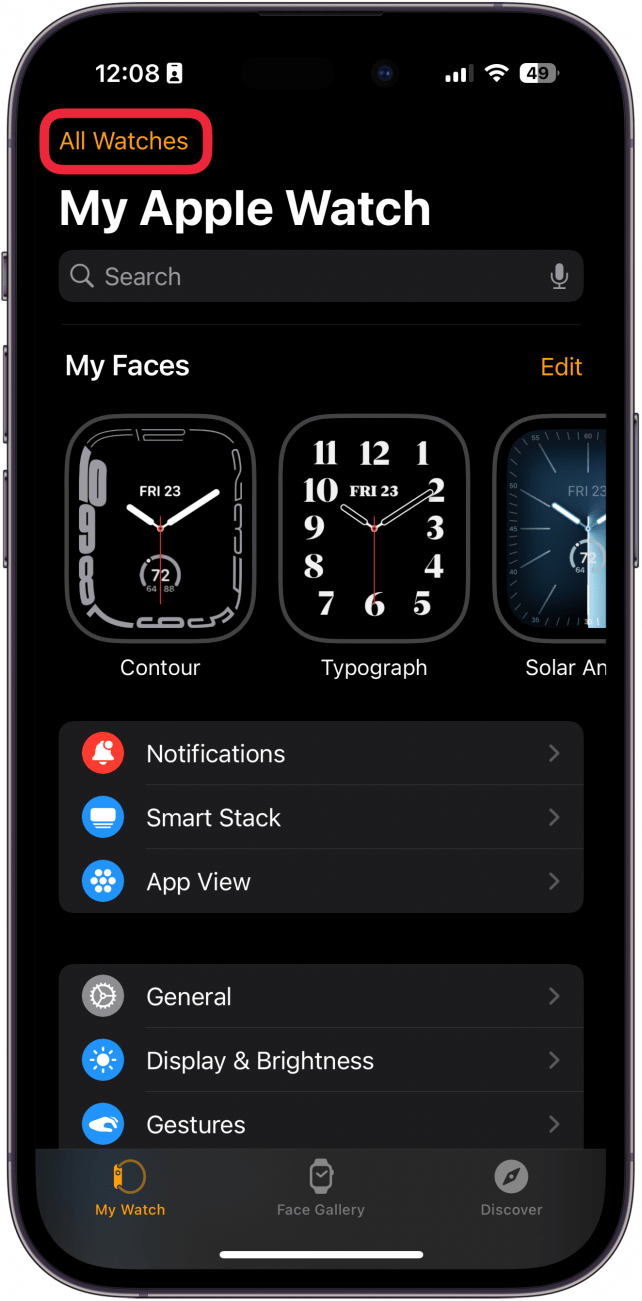 iphone watch app with a red box around all watches