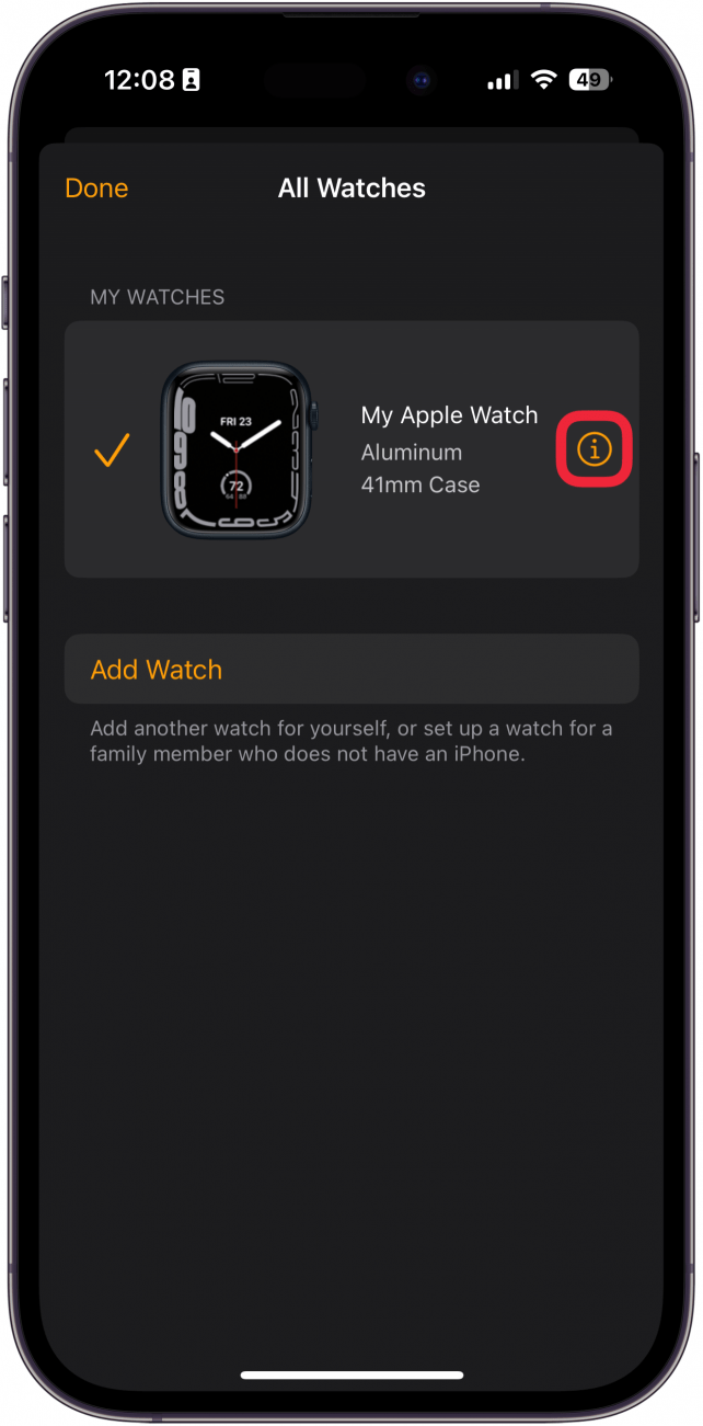 iphone watch app all watches screen with a red box around info icon next to the currently paired apple watch