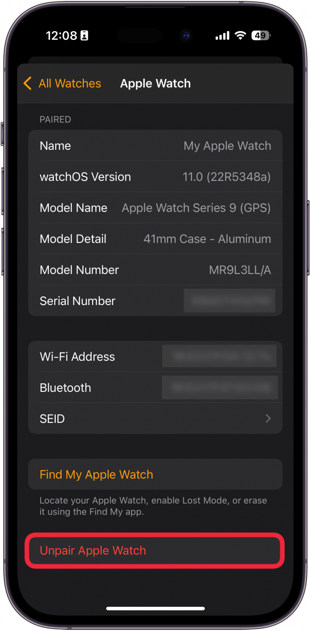 iphone watch app displaying information about the currently paired watch with a red box around the unpair Apple watch button