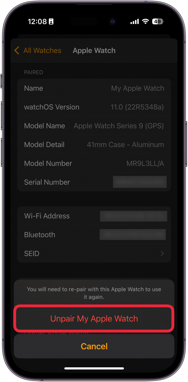 iphone watch app displaying information about the currently paired watch with a confirmation window and a red box around the unpair Apple watch button