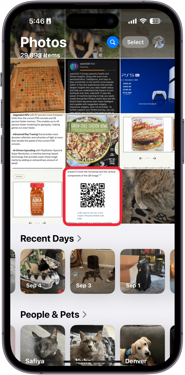 iphone photos app with a red box around a screenshot of a QR code