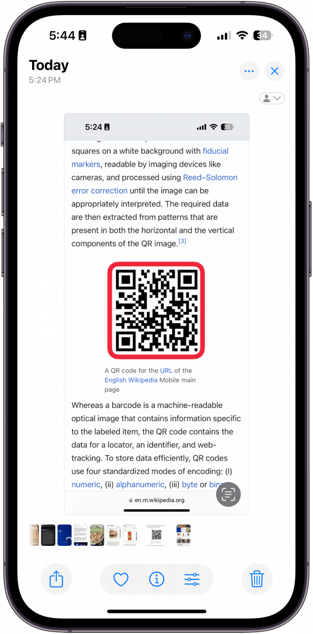 iphone photos app viewing a screenshot of a QR code with a red box around the QR code