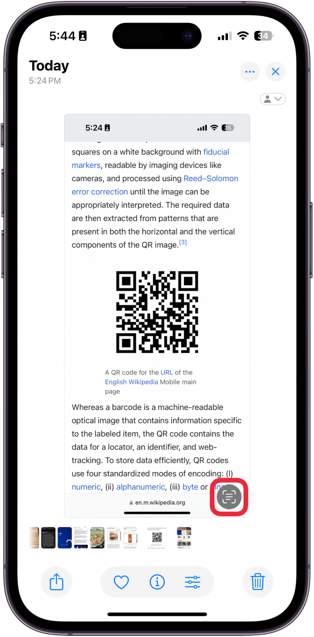 iphone photos app viewing a screenshot of a QR code with a red box around live text button