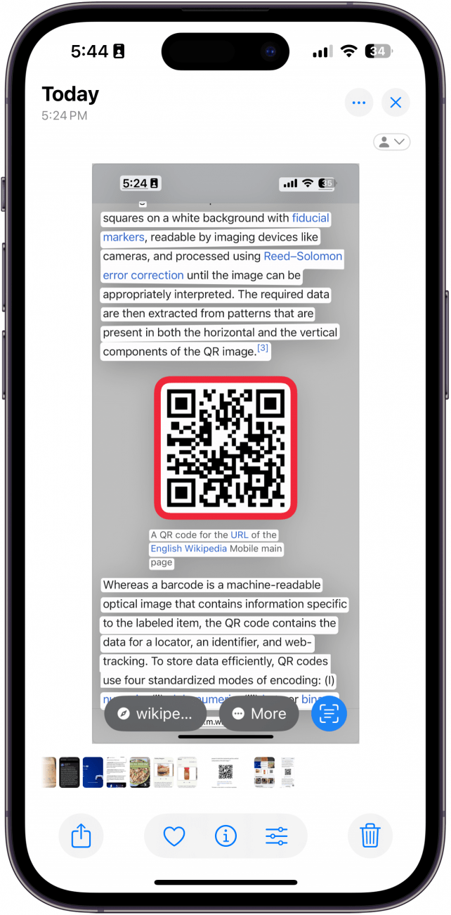 iphone photos app viewing a screenshot of a QR code with a live text overlay and a red box around the QR code