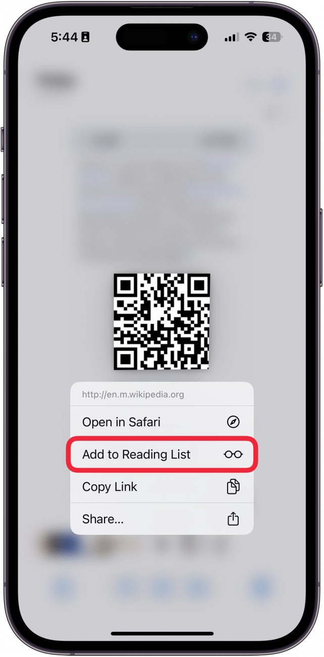 iphone photos app viewing a screenshot of a QR code displaying a context menu after tapping the holding the code, with a red box around add to reading list