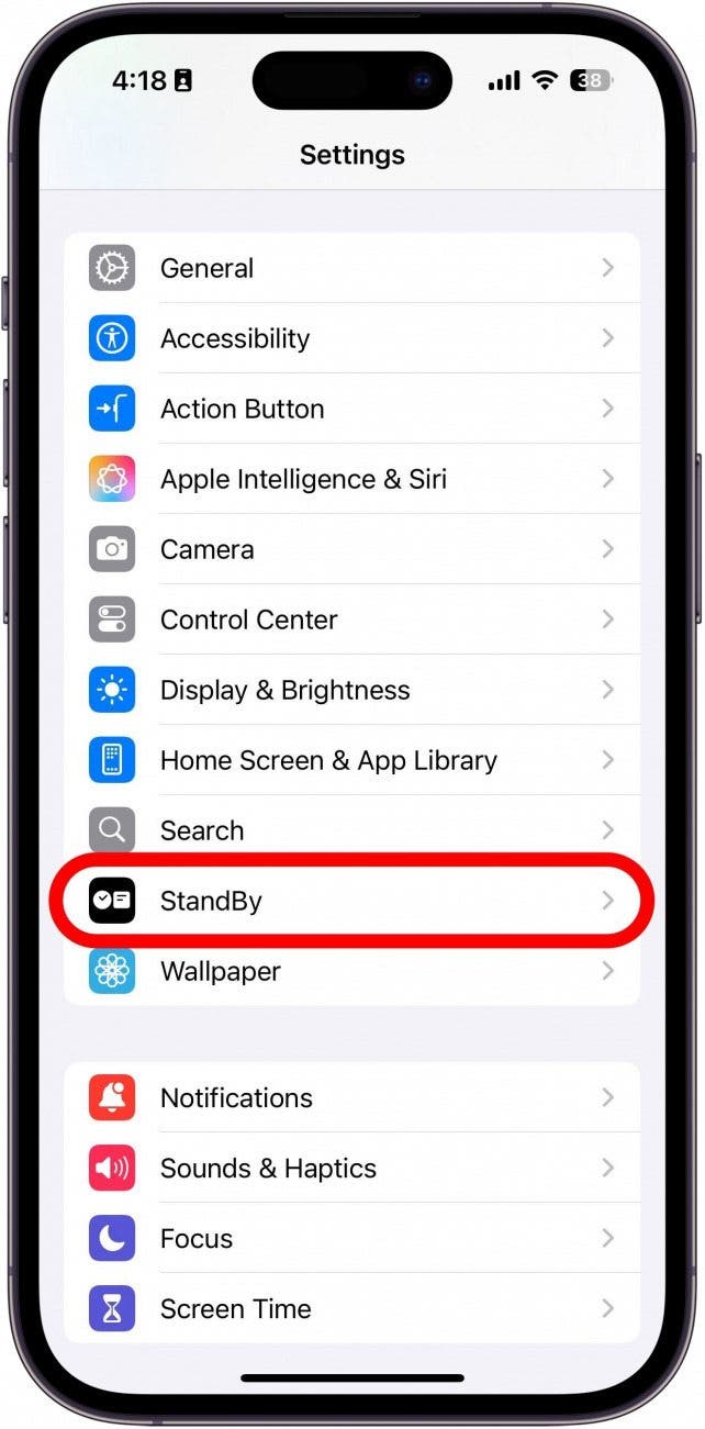 iphone settings with standby setting circled in red