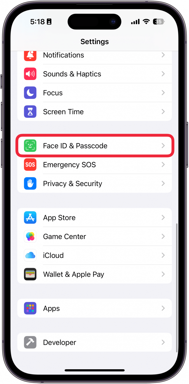 iphone settings app with a red box around face id and passcode