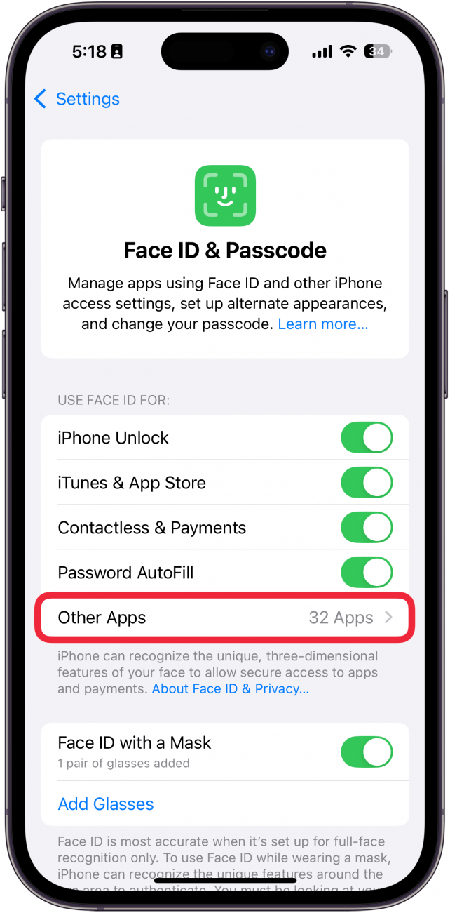 iphone face id and passcode settings with a red box around other apps