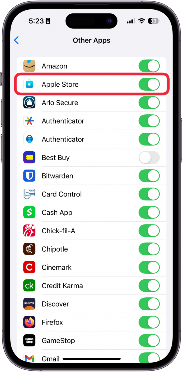 iphone face id for apps settings displaying a list of apps with a red box around one app with a green toggle next to it