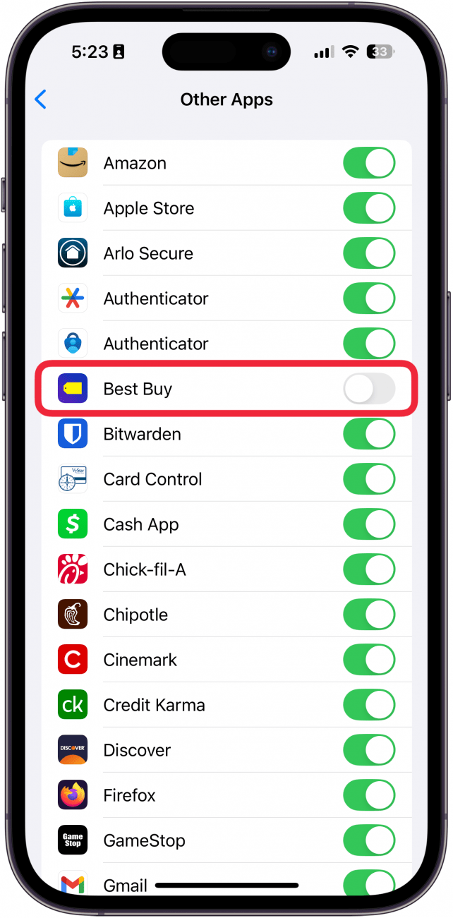 iphone face id for apps settings displaying a list of apps with a red box around one app with a gray toggle next to it