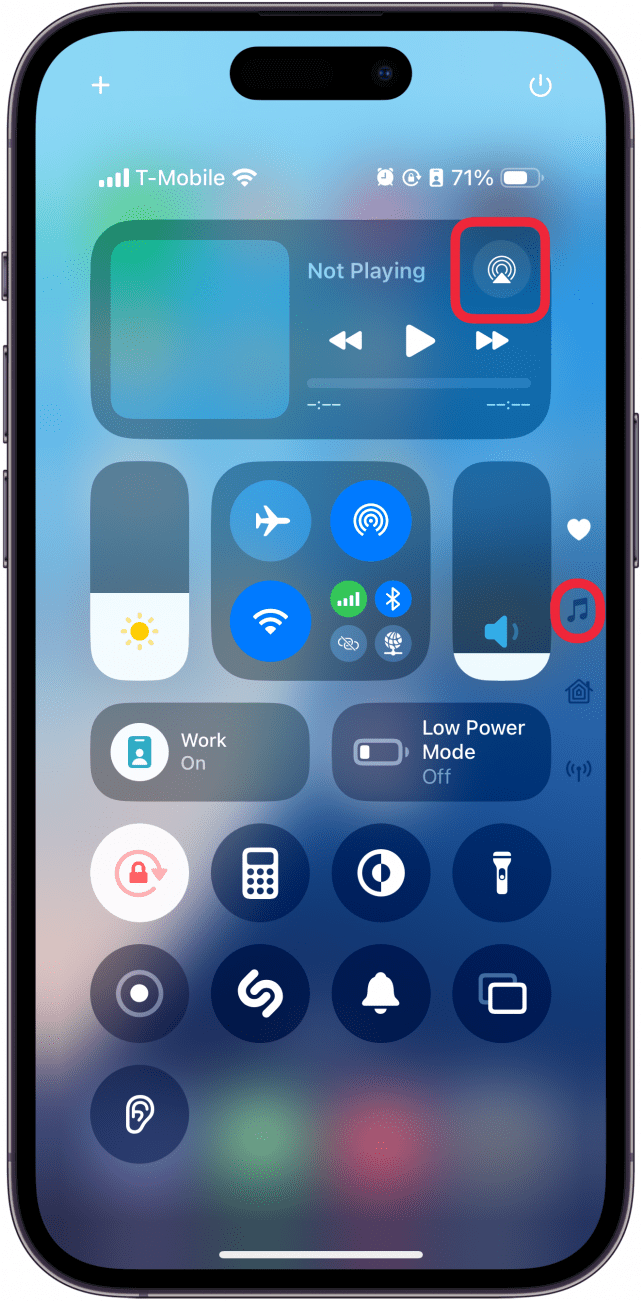 iphone control center with a red box around the audio output button within the media controls, and a red box around the music icon on the right side of the screen