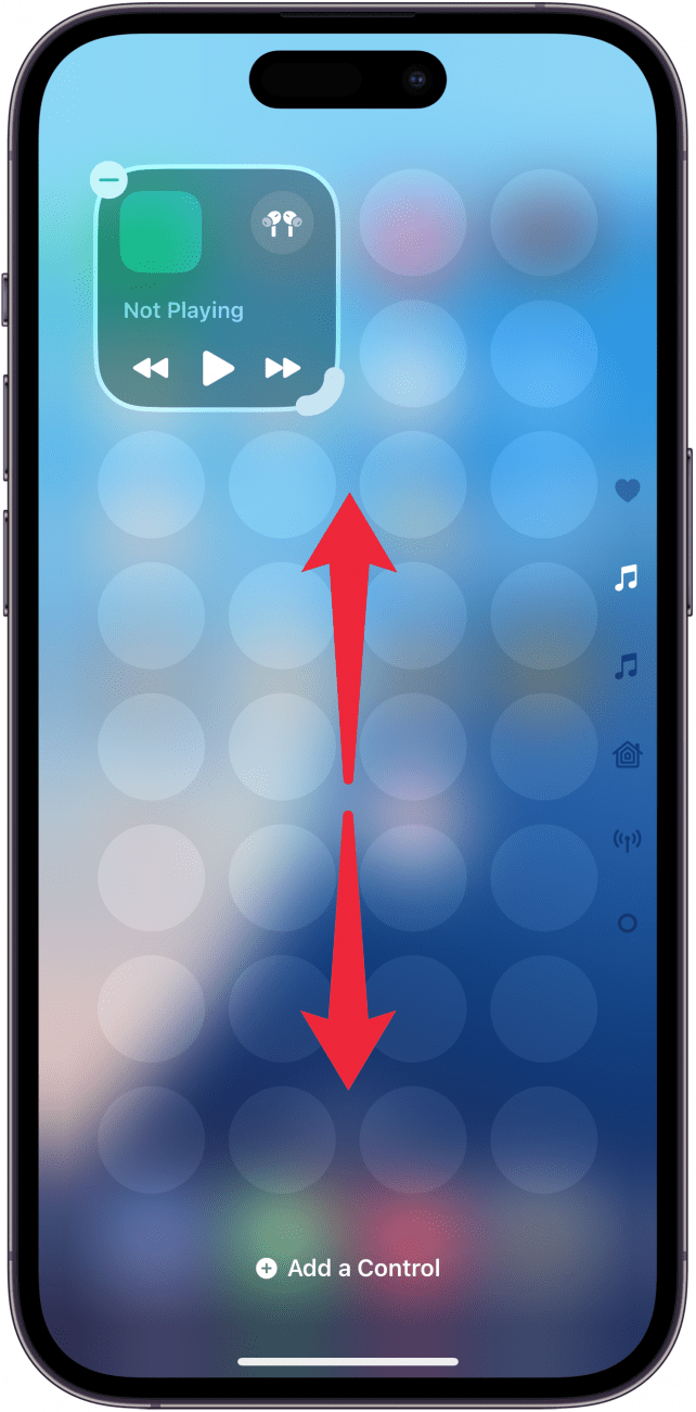 iphone control center in edit mode with red arrows pointing up and down, indicating to swipe up or down to navigate control center pages