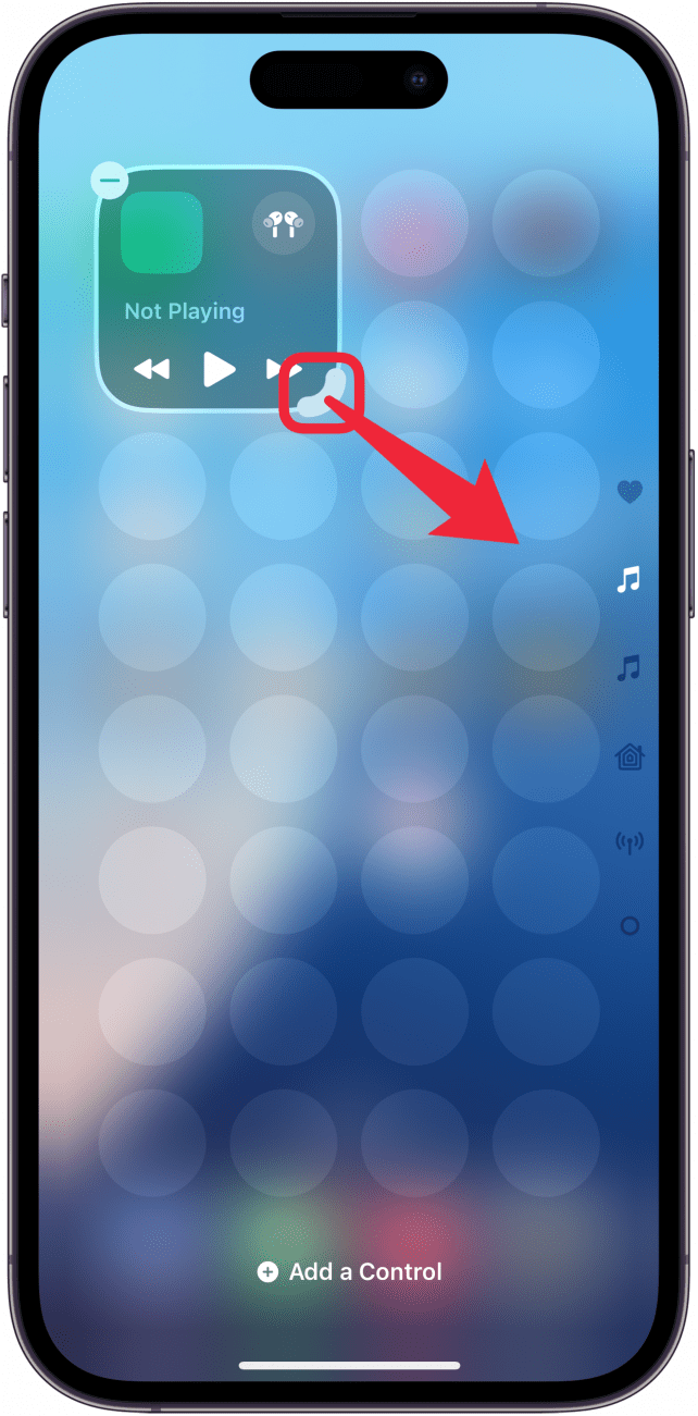 iphone control center in edit mode with a red box around the corner of a box and a red arrow pointing downward, indicating for the user to drag the corner away