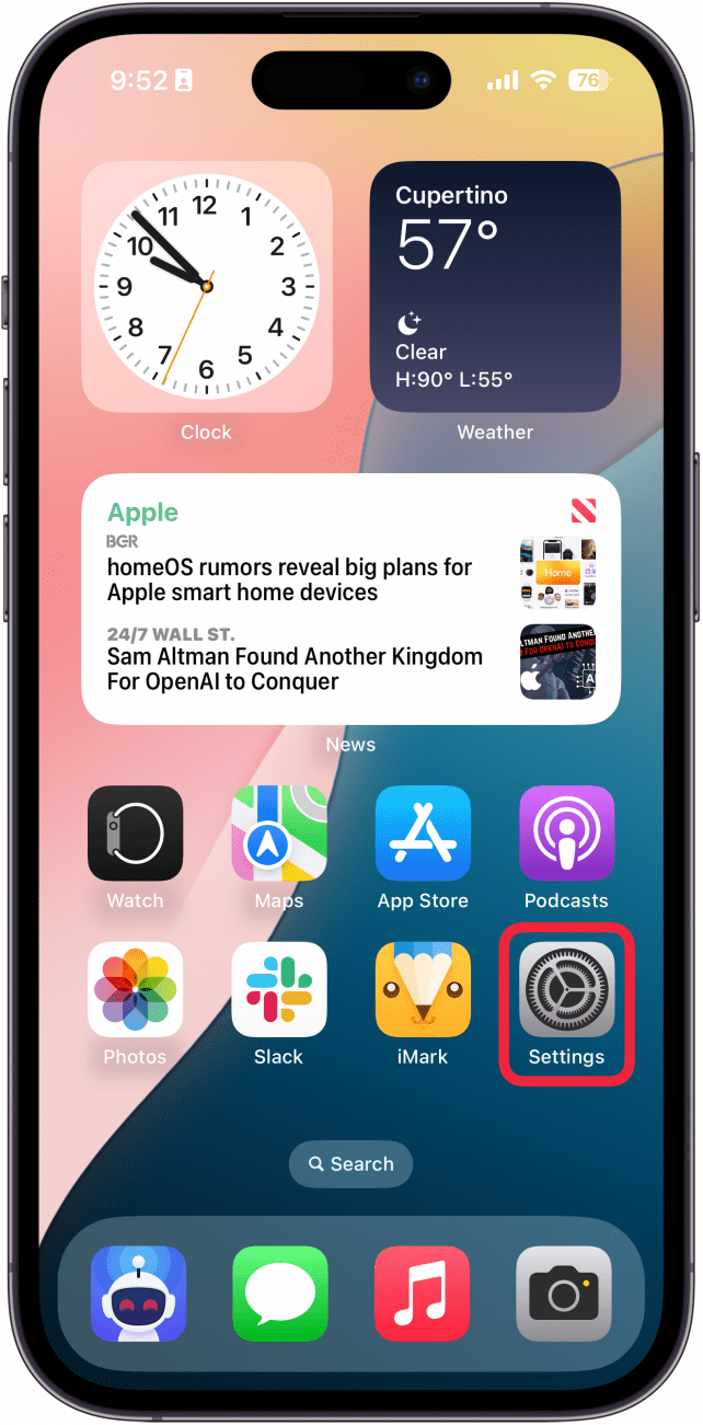 iphone home screen with a red box around the settings app