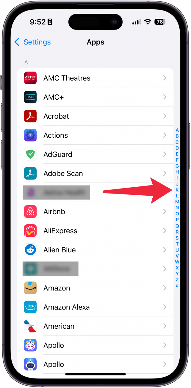 iphone app settings with a red arrow pointing at the alphabet scroll bar on the right side of the screen