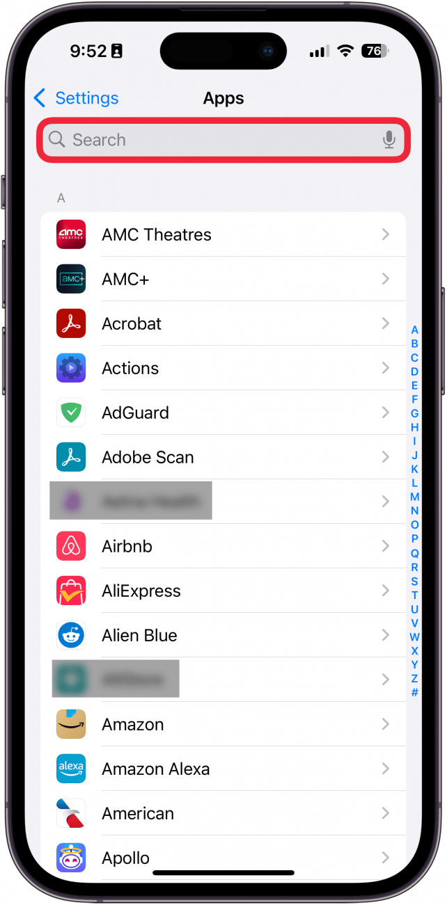 iphone app settings with a red box around search bar