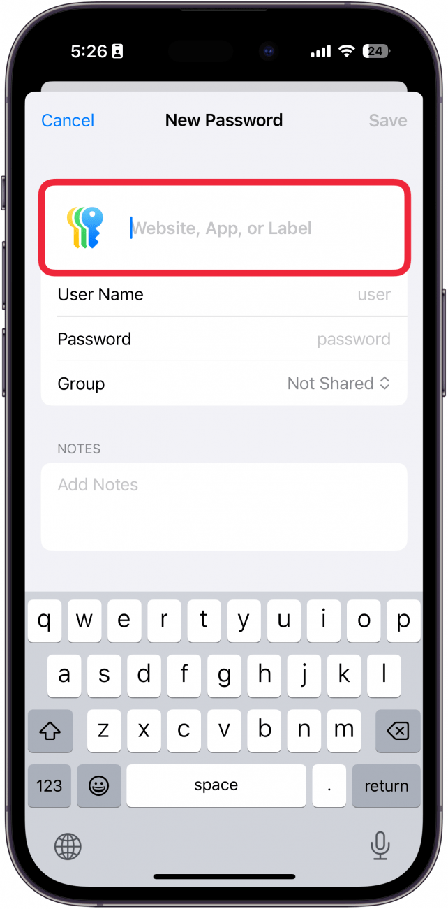 iphone passwords app add password screen with a red box around website entry field