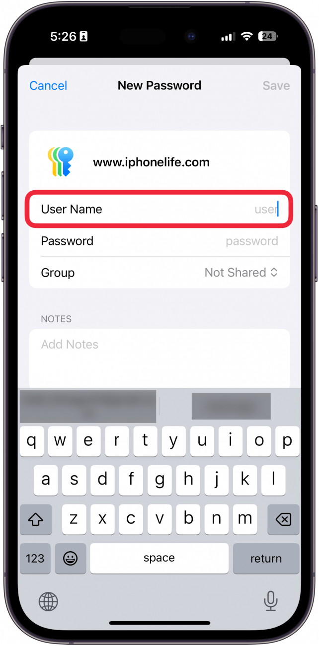 iphone passwords app add password screen with a red box around username entry field