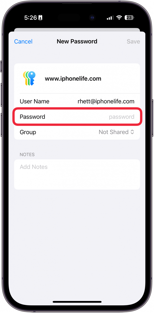 iphone passwords app add password screen with a red box around password entry field