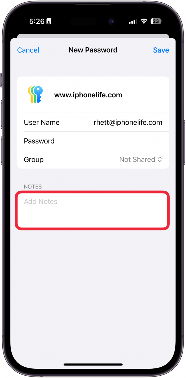 iphone passwords app add password screen with a red box around notes entry field