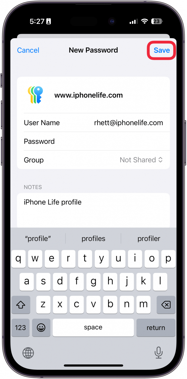 iphone passwords app add password screen with a red box around save button