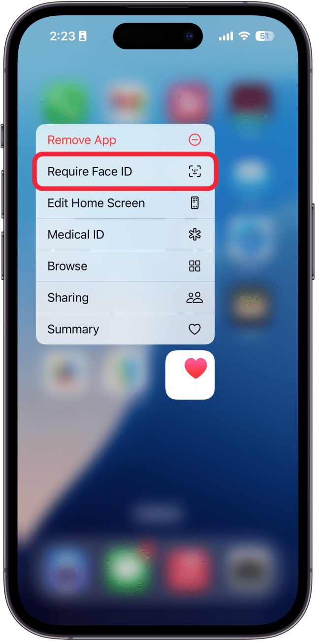 iphone home screen displaying menu for the health app with a red box around require face id