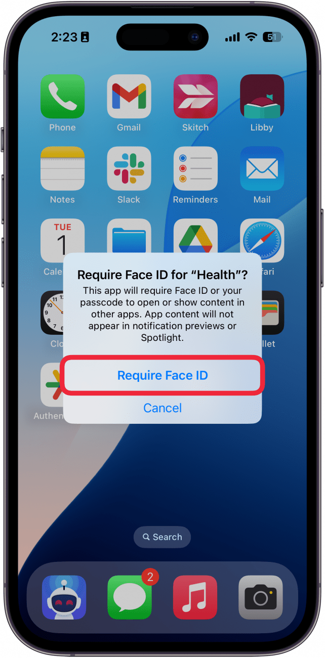 iphone home screen displaying a window confirming that the user wants to require face id with a red box around require face id