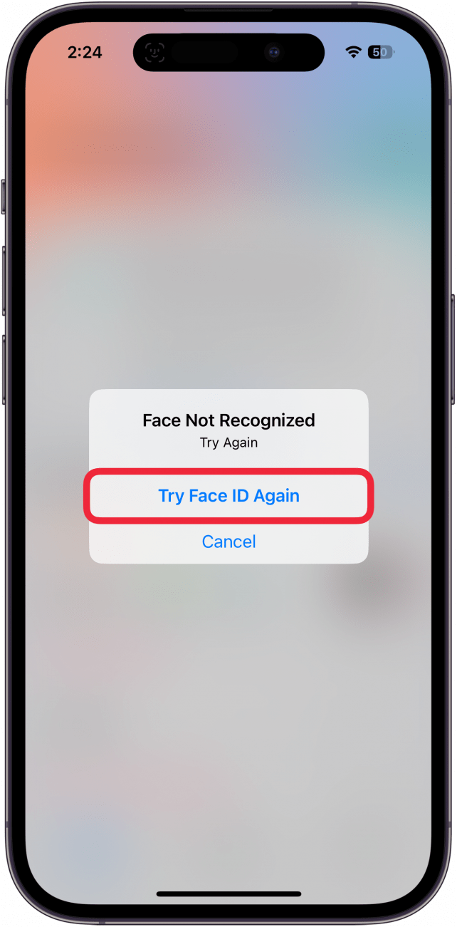 iphone health app displaying a full screen blur and a prompt saying that Face id failed and a red box around try face id again