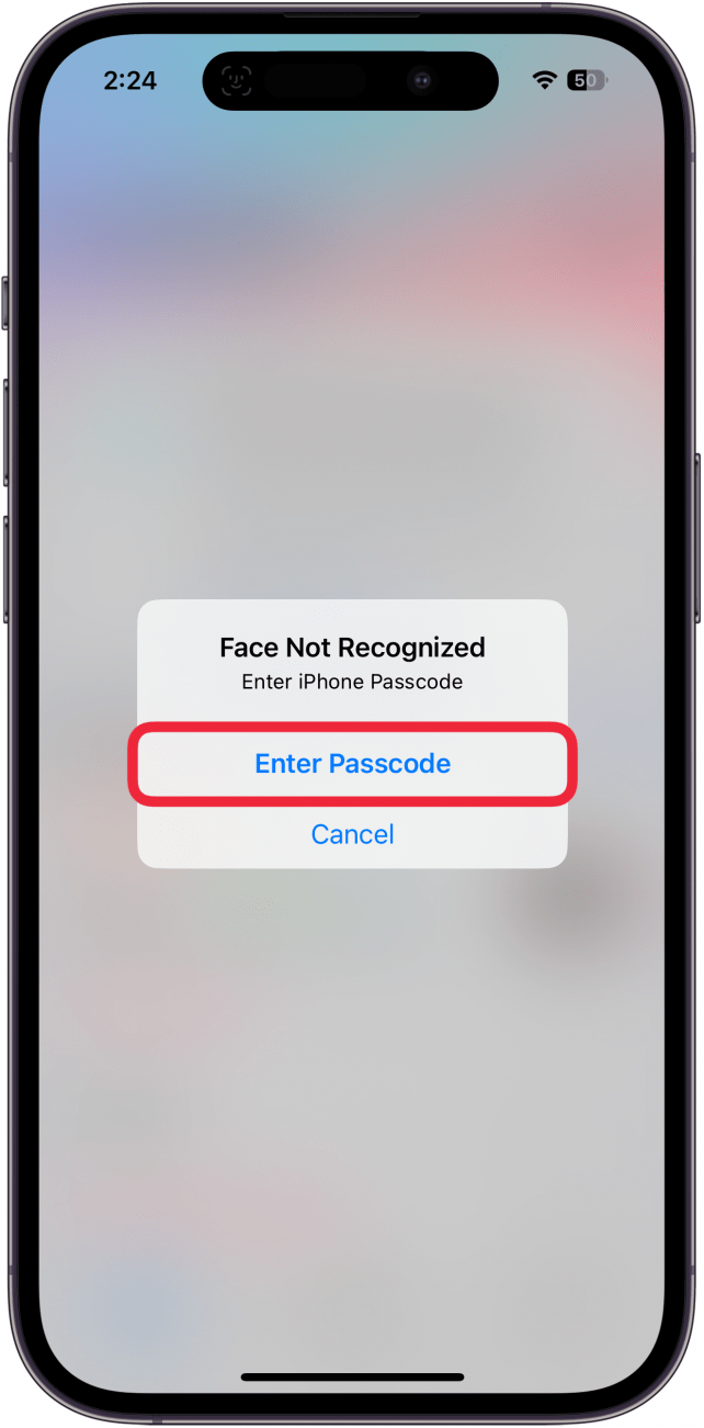 iphone health app displaying a full screen blur and a prompt saying that Face id failed and a red box around enter passcode