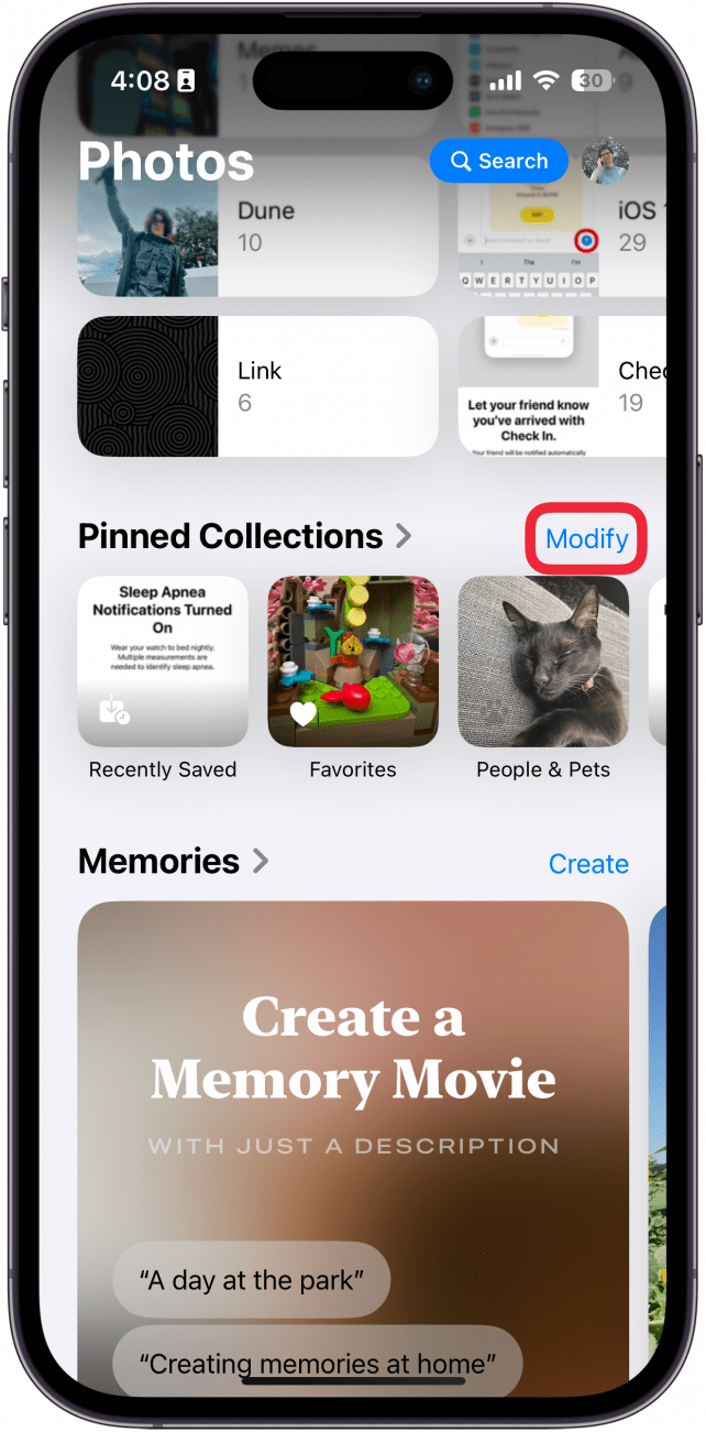 iphone photos app displaying pinned collections with a red box around modify