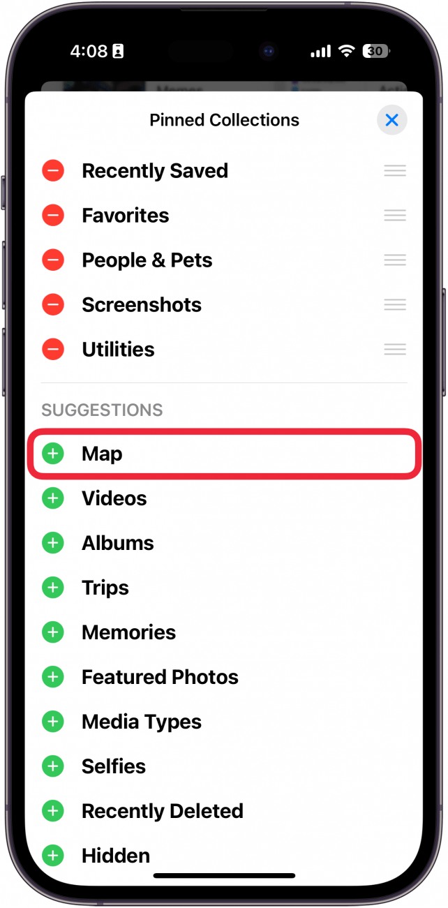 iphone photos app pinned collections customization menu with a red box around map option with a green plus next to it