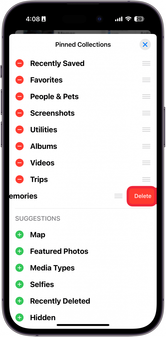 iphone photos app pinned collections customization menu displaying a delete button next to the memories option with a red box around the delete button