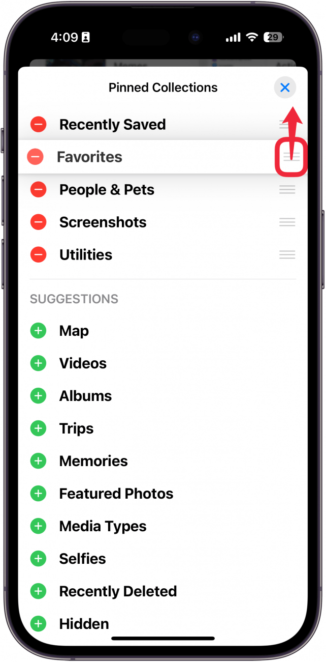 iphone photos app pinned collections customization menu with a red box around three horizontal lines and a red arrow pointing upward, indicating for the user to drag it