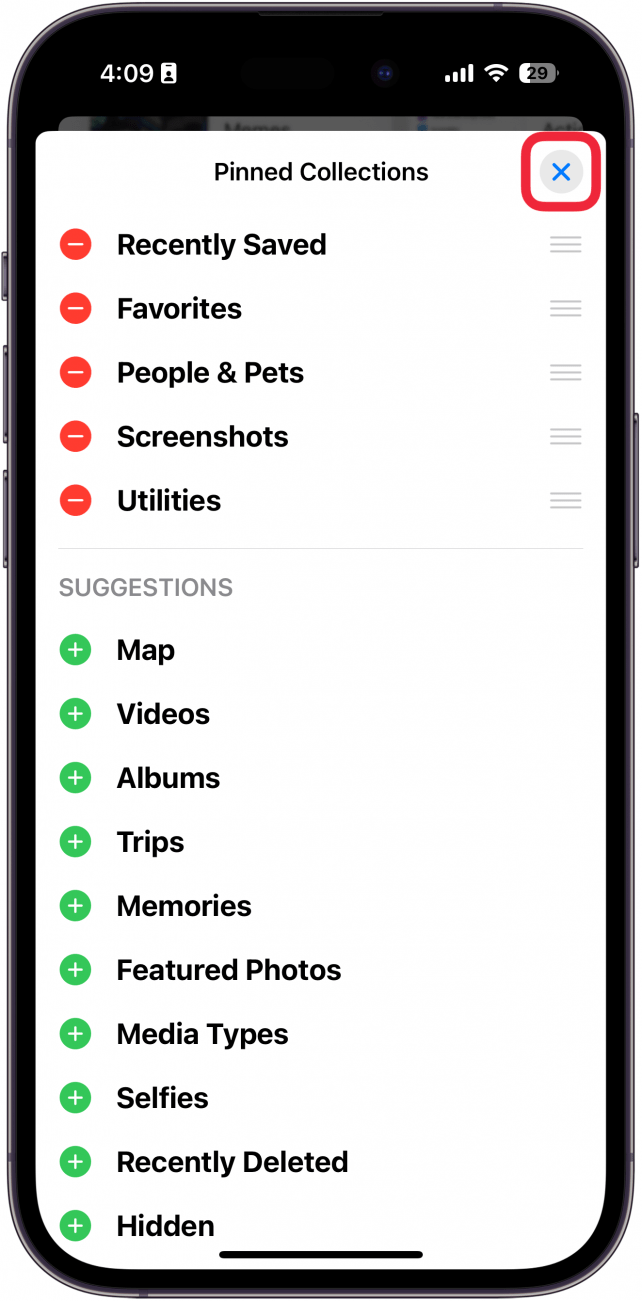 iphone photos app pinned collections customization menu with a red box around the x icon