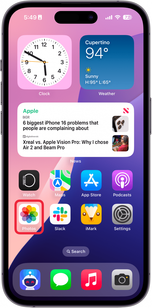 iphone home screen with a red box around the photos app