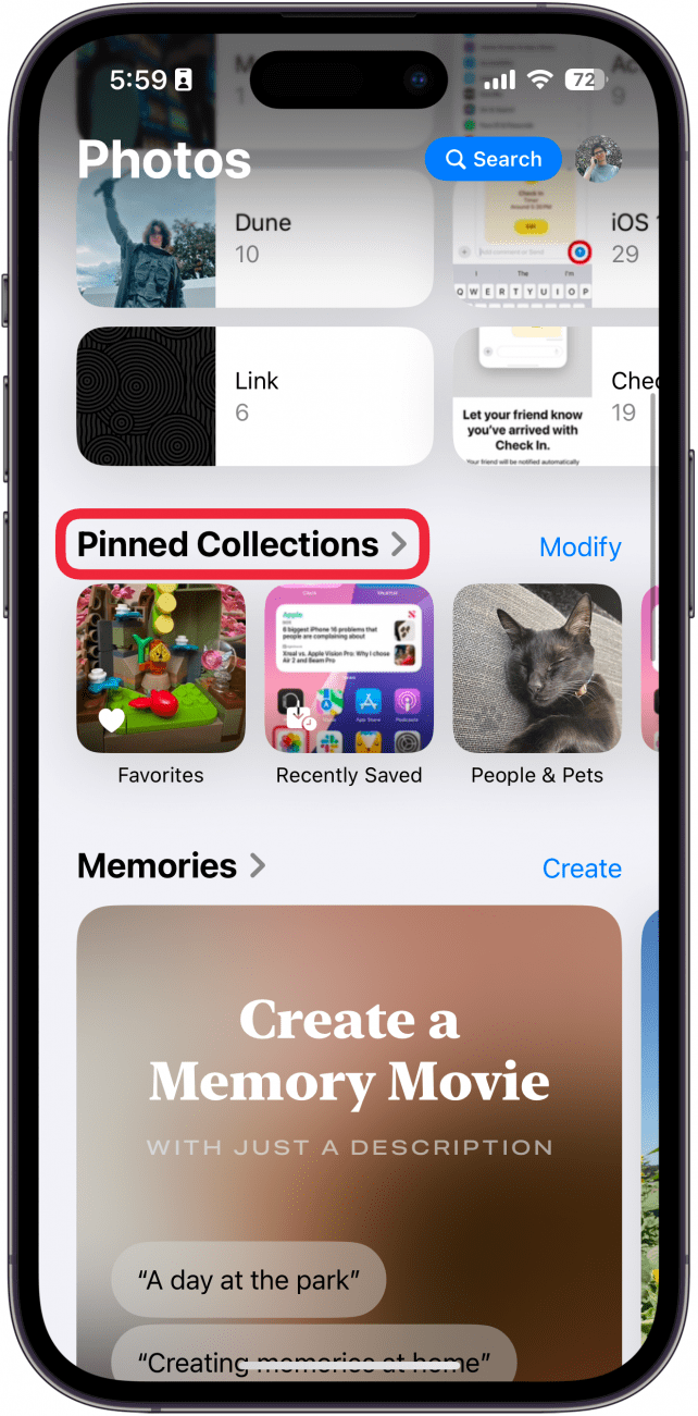 iphone photos app displaying pinned collections with a red box around the pinned collections header