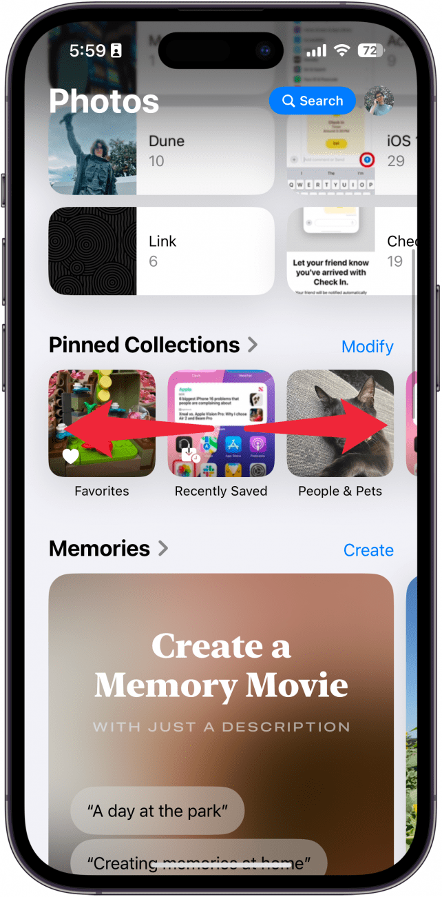 iphone photos app displaying pinned collections with red arrows pointing left and right, indicating to swipe left and right