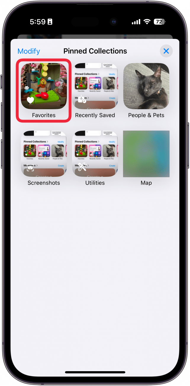 iphone photos app displaying all pinned collections with a red box around favorites