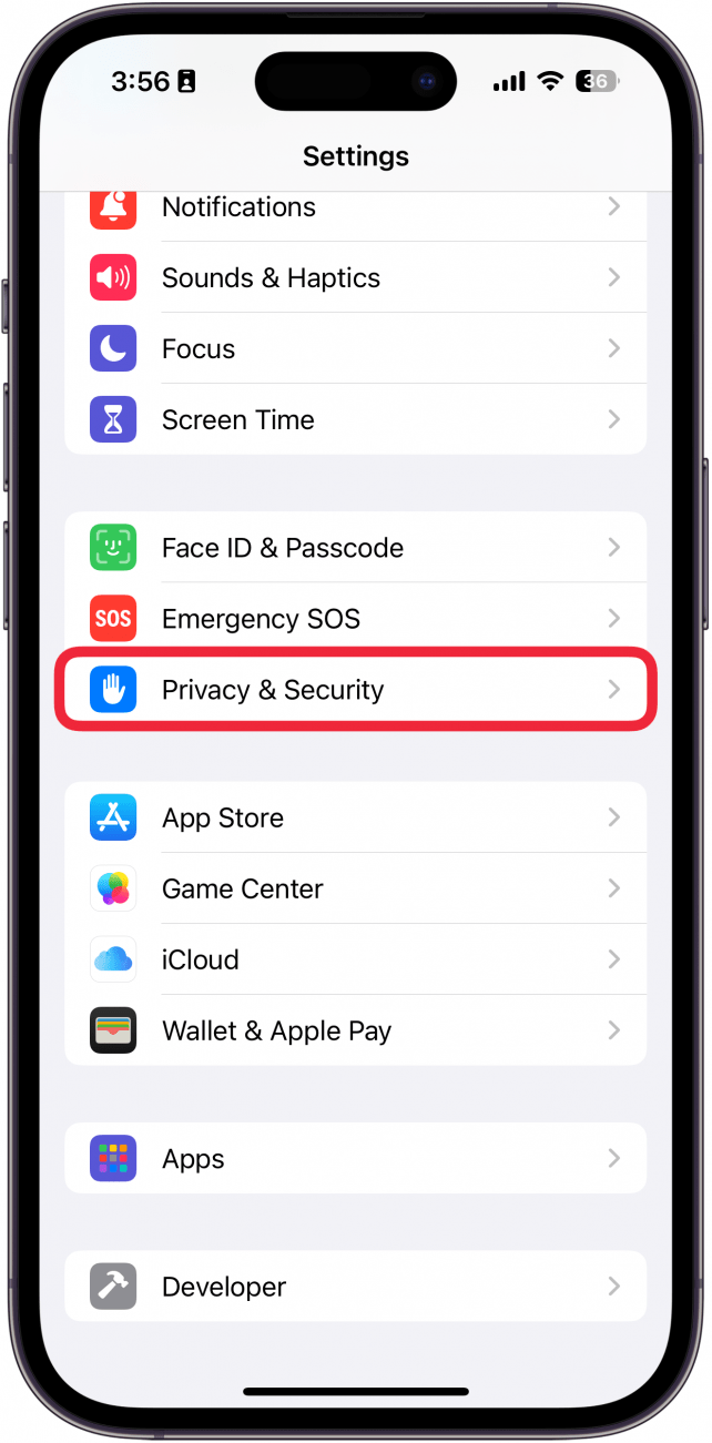 iphone settings app with a red box around privacy and security