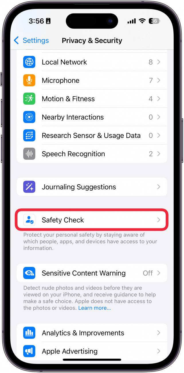 iphone privacy and security settings with a red box around safety check