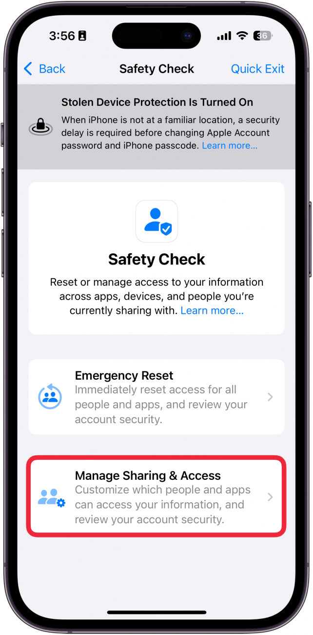 iphone safety check with a red box around manage sharing and access