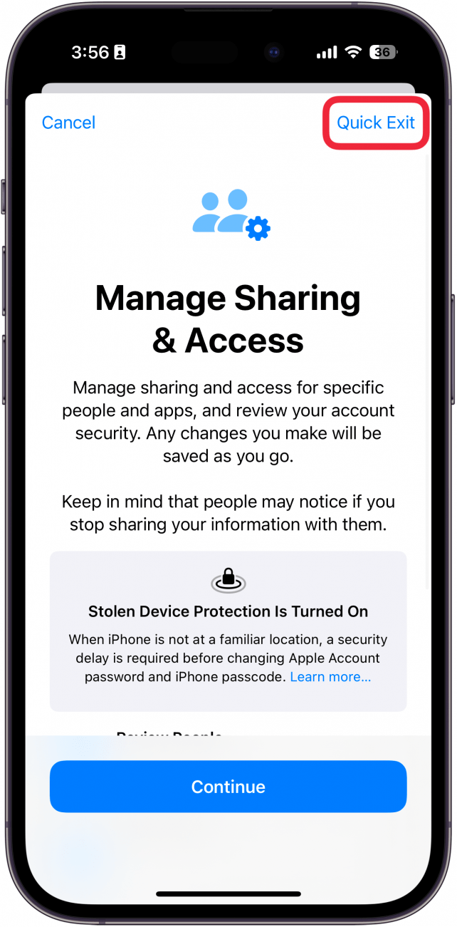 iphone manage sharing and access with a red box around quick exit
