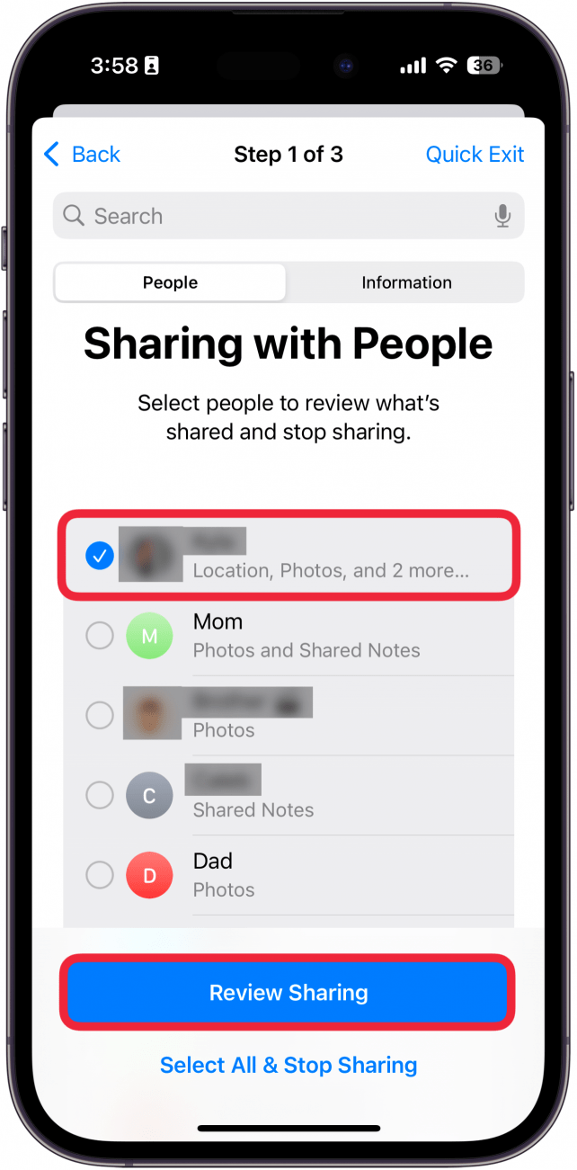 iphone manage sharing and access displaying a list of contacts with a red box around one contact and a red box around review sharing