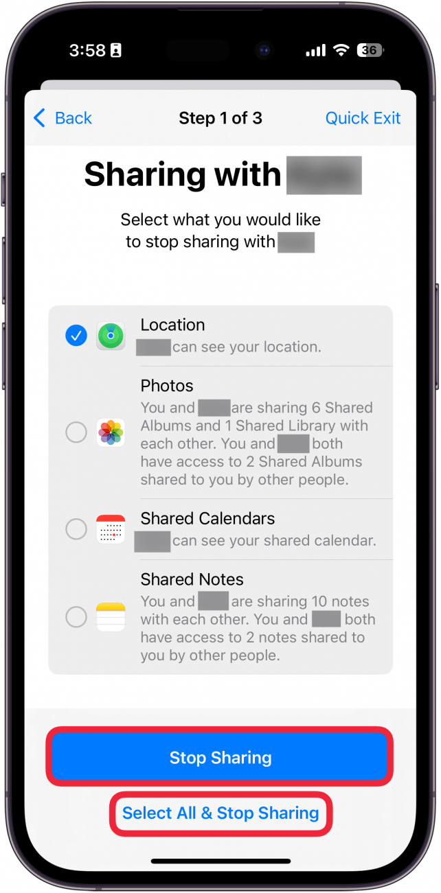 iphone manage sharing and access displaying permissions that a contact has with a red box around stop sharing and a red box around select all & stop sharing